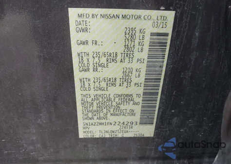 2015 Nissan Murano Sv из США, поврежденный, VIN 5N1AZ2MH1FN224293